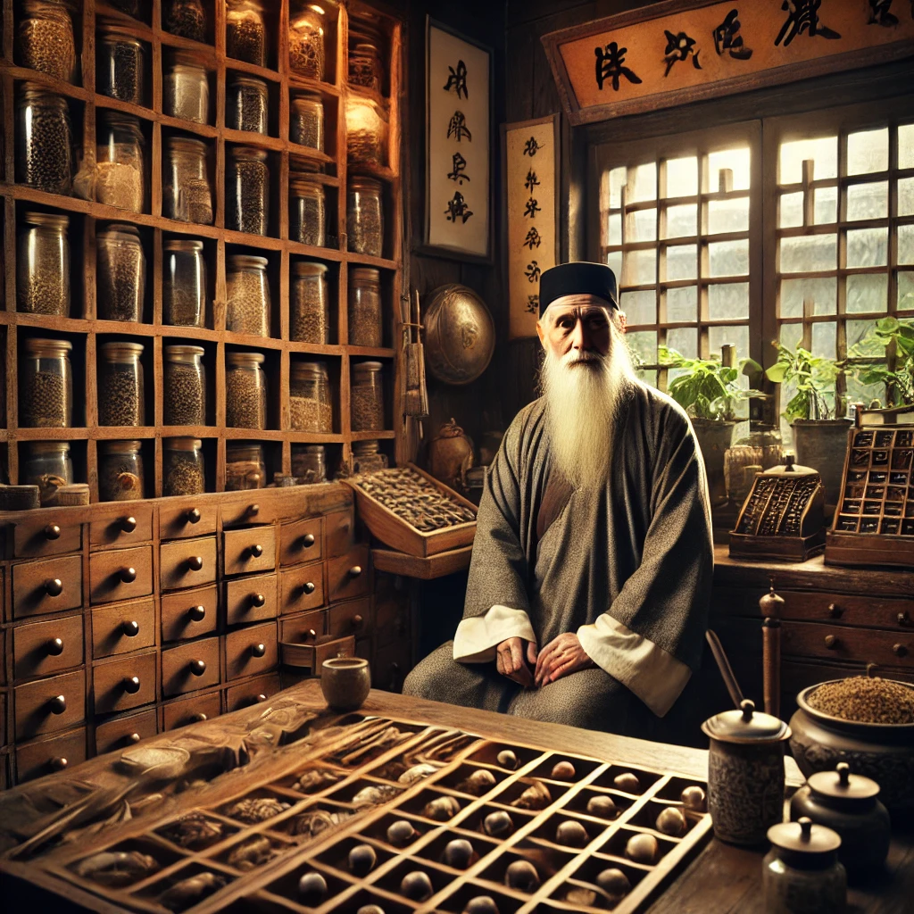 Ein älterer Apotheker der traditionellen chinesischen Medizin (TCM) in einer altmodischen chinesischen Apotheke